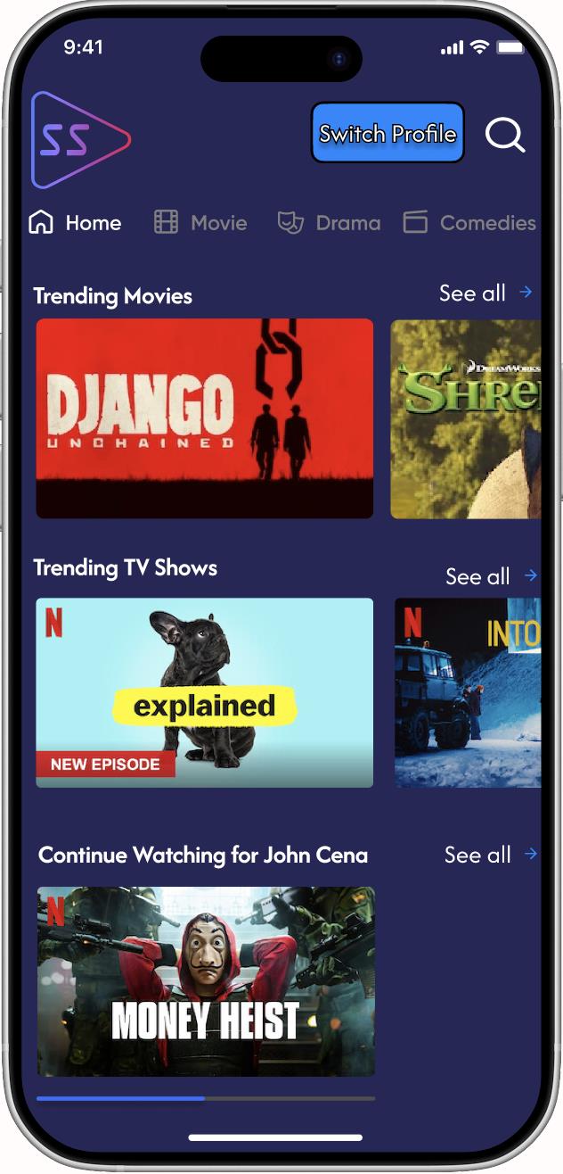 StreamSync personalized homepage with trending movies and continue watching