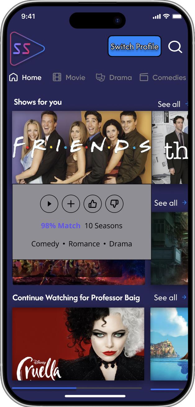 StreamSync shows for you row with like and dislike overlay and match percentage